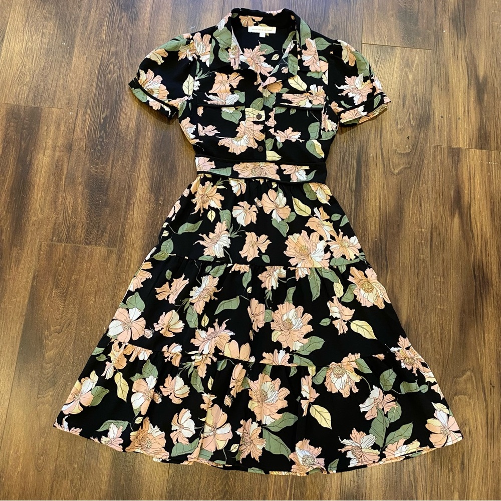Monteau Black Floral Midi Dress with Pink and Green Print